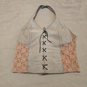 Wilsons Leather Lace-Up Halter Crop Top - Tan and Creme.